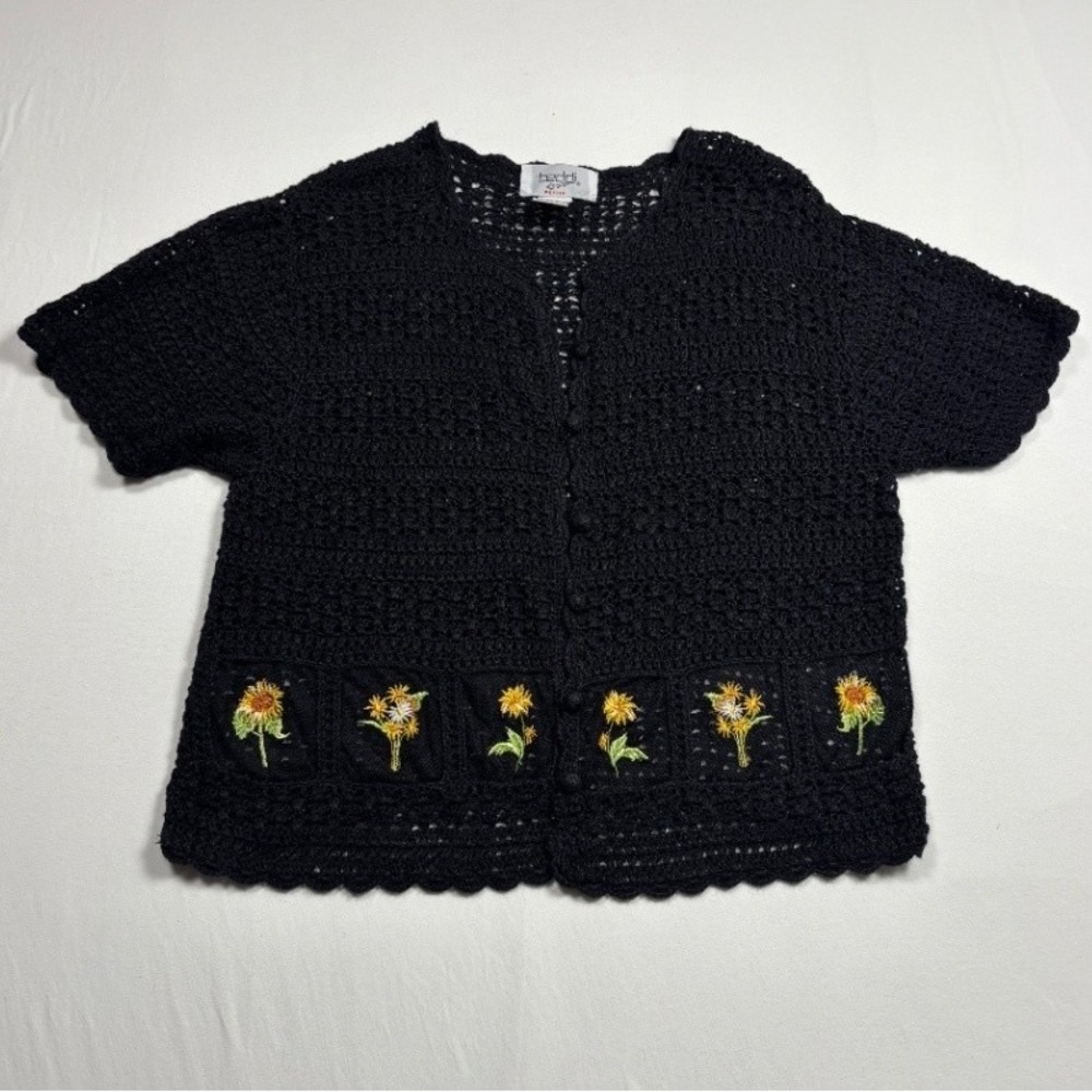 Teddi Petite Crochet Floral Cardigan Black Short Sleeve Sweater PXL